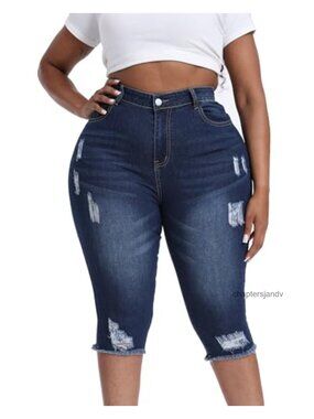 Plus Size High Waist Stretchy Jean Capris 17" Inseam Cropped Pants